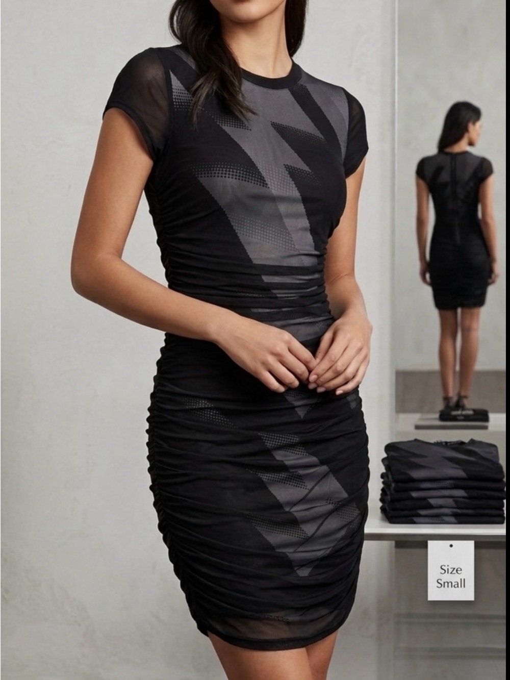 BCBG Max Azria Black Pixelated Chevron Mesh Ruched Bodycon Dress Size S